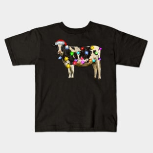 Cow With Santa Hat Christmas Lights Funny Cow Lovers Kids T-Shirt